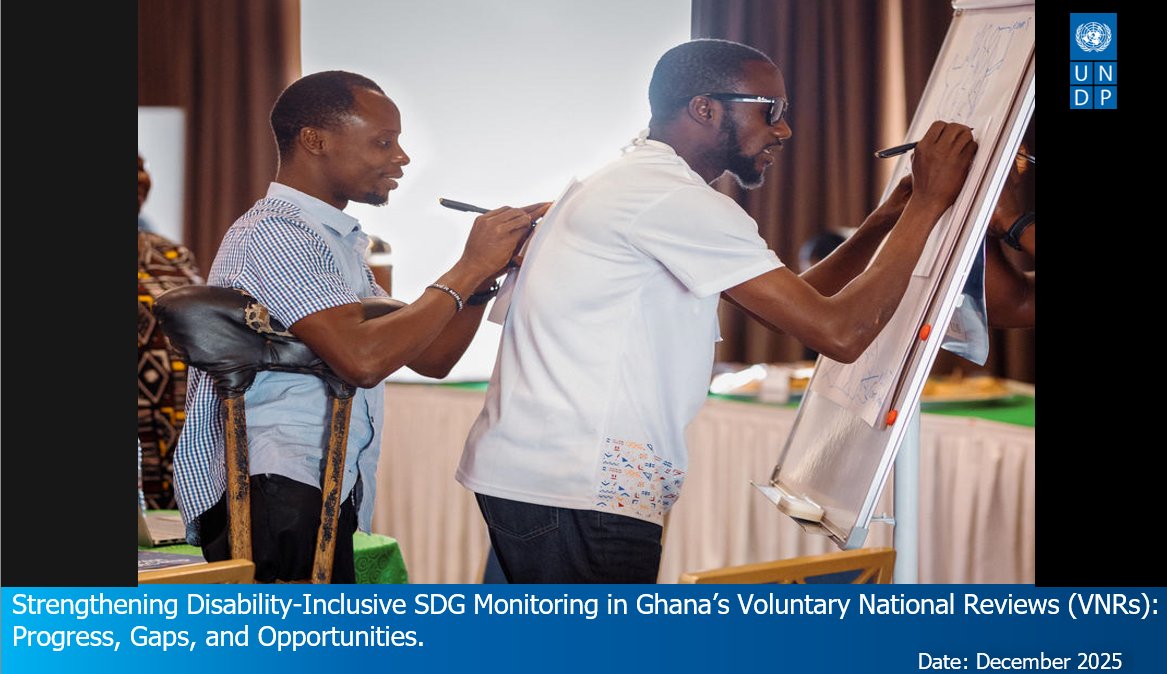 UNDPGhana's tweet photo. Improving Disability-Disaggregated SDG Reporting in Ghana, requires the urgent need to strengthen data systems to ensure that persons with disabilities are fully visible in national development reporting.

As #Ghana works toward achieving the #SDGs, reliable, disability-disaggregated data is essential for tracking progress, identifying gaps, and designing policies that truly reflect the needs and rights of all persons with disabilities.

More in this new policy brief: https://t.co/zxkMqmCA1Y

#IDPD2025 #DisabilityInclusion #SDGData #LeaveNoOneBehind #Accessibility