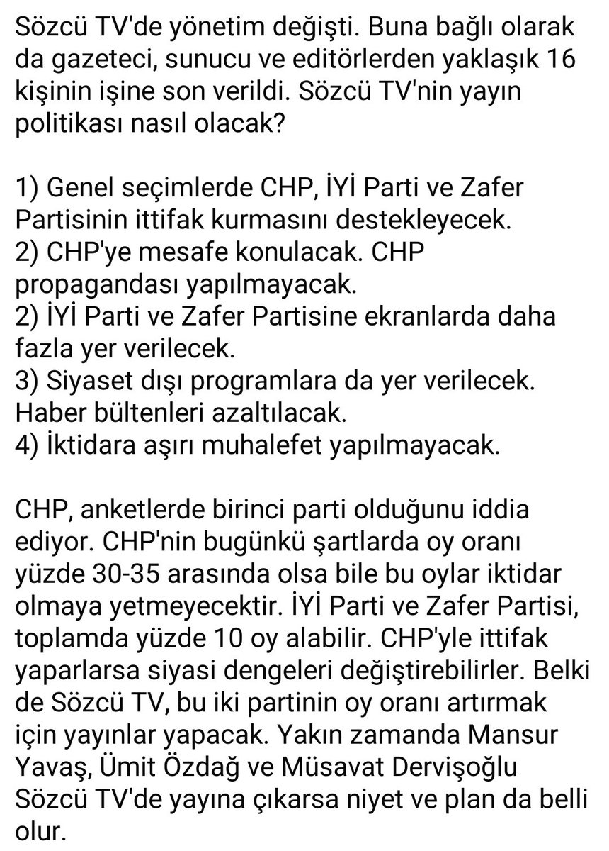 Sözcü TV, İYİ Parti ve Zafer Partisi'ni ekrana daha çok taşıyacak. CHP'liler stratejiyi anlamadan Sözcü TV'yi eleştiriyor.