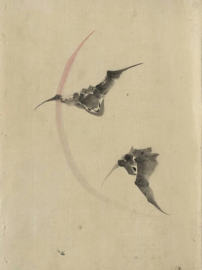 archaeologyart's tweet image. Two Bats Flying. Artist: Katsushika Hokusai (1760–1849; sheet from a sketchbook associated with the Hokusai School). Date: c. 1830–1850. Period: Edo period. Medium: Ink wash and color on thin handmade paper. Collection: Library of Congress, Washington D.C.