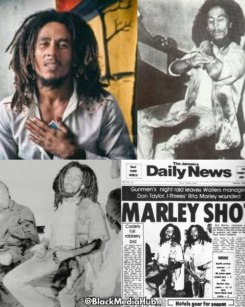 BlackMediaHub's tweet photo. December 3, 1976: At 8:30pm in Kingston, Jamaica, 7 armed men raided the home of Bob Marley and shot him.  This was 2 days before the Smile Jamaica Concert.

THE SHOOTING:
Marley and his band were on break from rehearsal. 
Marley's wife, Rita, was shot in the head in her car in the driveway.
The gunmen shot Bob in the chest and arm. His manager, Don Taylor, was shot in the legs and torso. Band employee Louis Griffiths took a bullet to his torso as well. 
Marley’s manager sustained serious injuries from being shot in the leg. 
It’s believed Rita’s super dense dreadlocks minimized the impact of the bullet. 
They were all rushed to the University Hospital and treated.
There were no fatalities. 
AFTERMATH:
The nation was shocked about the attempt on Marley’s life at a time he had become a national treasure.
Bob Marley and the Wailers went on to do the free Smile Concert for some 8,000 fans.
After the assassination attempt, Bob Marley & his family moved to England.
He was tremendously depressed and hurt because he had been helping the people who came the people that shot him.