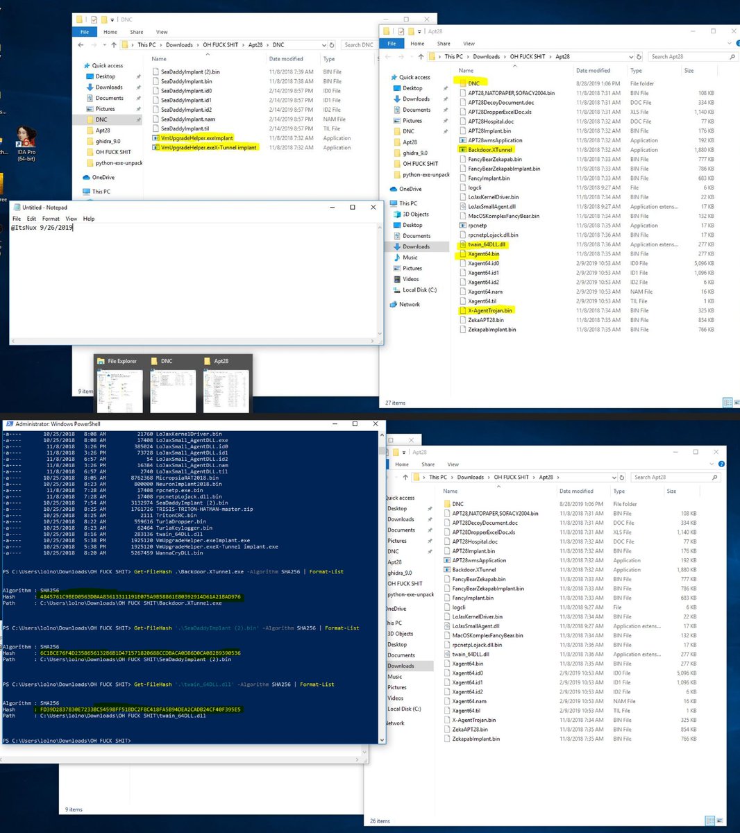 ImNux's tweet image. Larp so hard i have copies of APT28 (unit26165 of the GRU) malware (this was originally to show they did in fact hack the DNC as that was the exact malware used). And then we have NSA hacking tools i rebuilt from the 2017 leak of their tools, thats fuzzbunch and danderspritz.