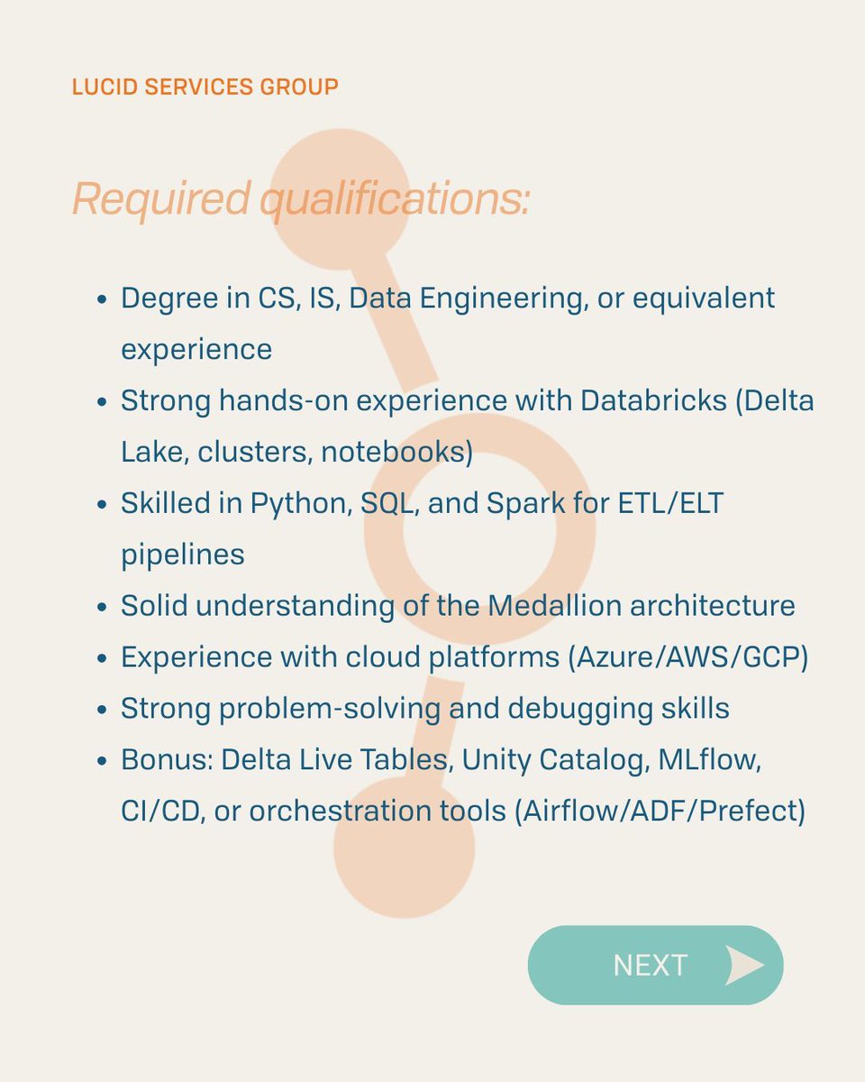 LucidS_G's tweet image. We’re hiring a Senior Data Engineer!

Databricks expertise, strong ETL/ELT chops, and modern cloud/data architecture experience welcomed.

Ready to build scalable pipelines with a high-impact team?
👉 Apply now: lucidservicesgroup.com/find-a-job

#Hiring #DataEngineering #Databricks