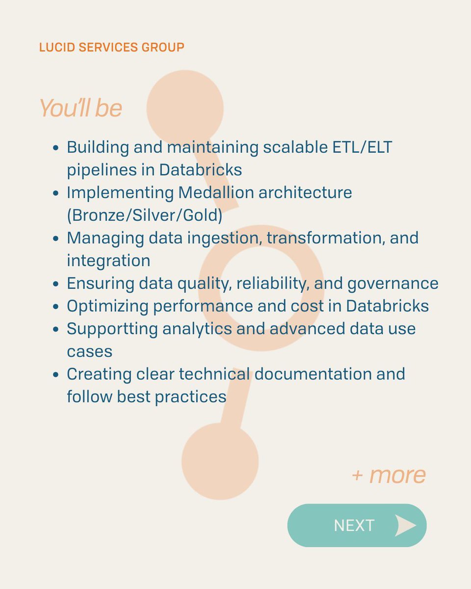 LucidS_G's tweet image. We’re hiring a Senior Data Engineer!

Databricks expertise, strong ETL/ELT chops, and modern cloud/data architecture experience welcomed.

Ready to build scalable pipelines with a high-impact team?
👉 Apply now: lucidservicesgroup.com/find-a-job

#Hiring #DataEngineering #Databricks