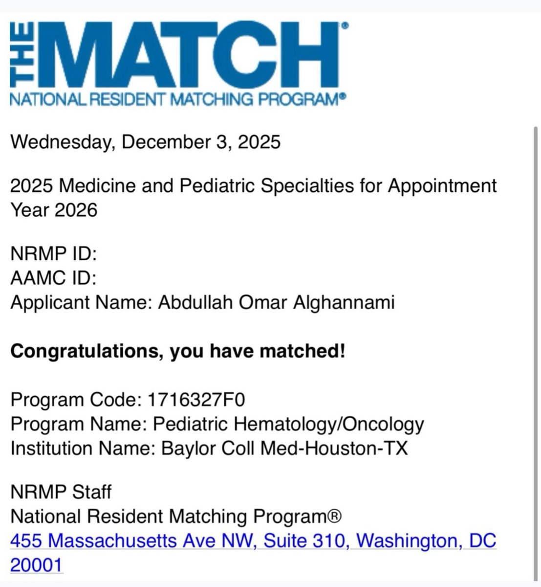 aghanamy's tweet image. الحمدلله. قُبلت في زمالة أمراض دم وأورام الأطفال في هيوستن - تكساس. 
I matched in Baylor/Texas children’s hospital for Pediatric Hem/Onc
