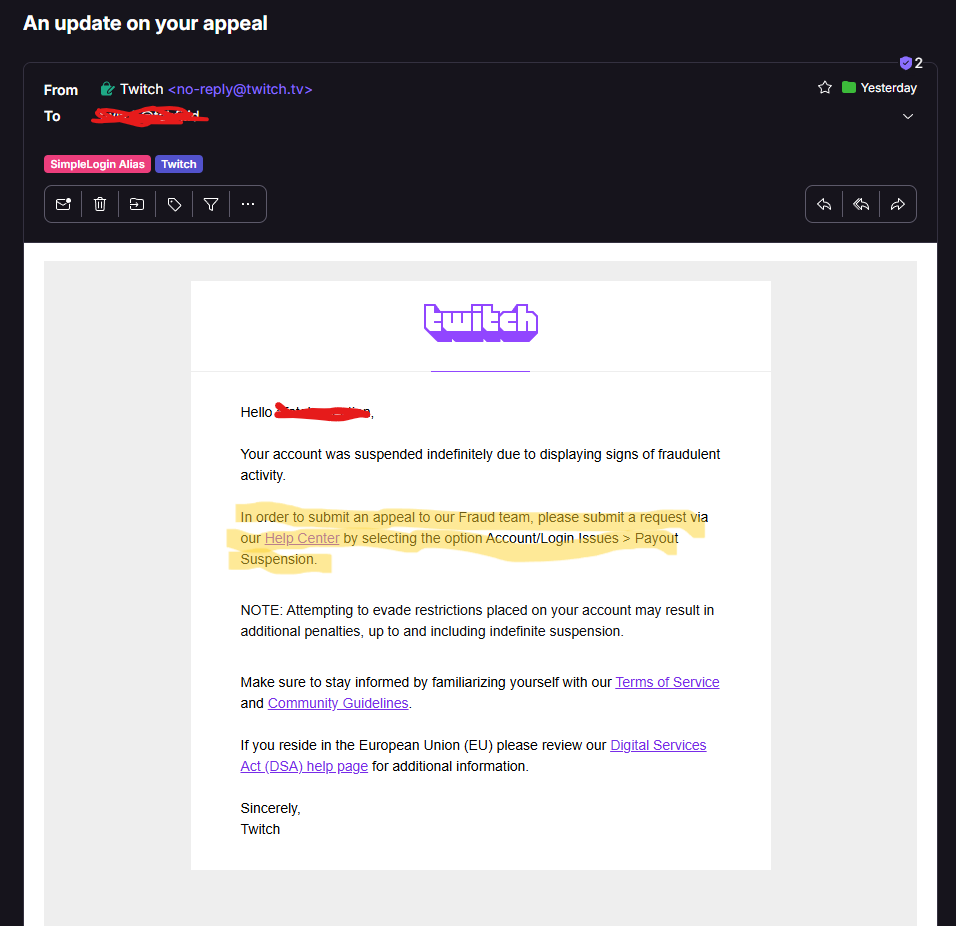 tabp0le's tweet photo. @Twitch Has suspended my account indefinitely for purchase/payout #fraud. I created my first (and only) account earlier this week. Haven't added a payment method or used the account for anything. I enabled 2FA on the account, but never got to use it. @TwitchSupport  I appealed, was rejected, then told to open a support ticket, then told by support to open an appeal. Round-round we go.. This is some bullshit.