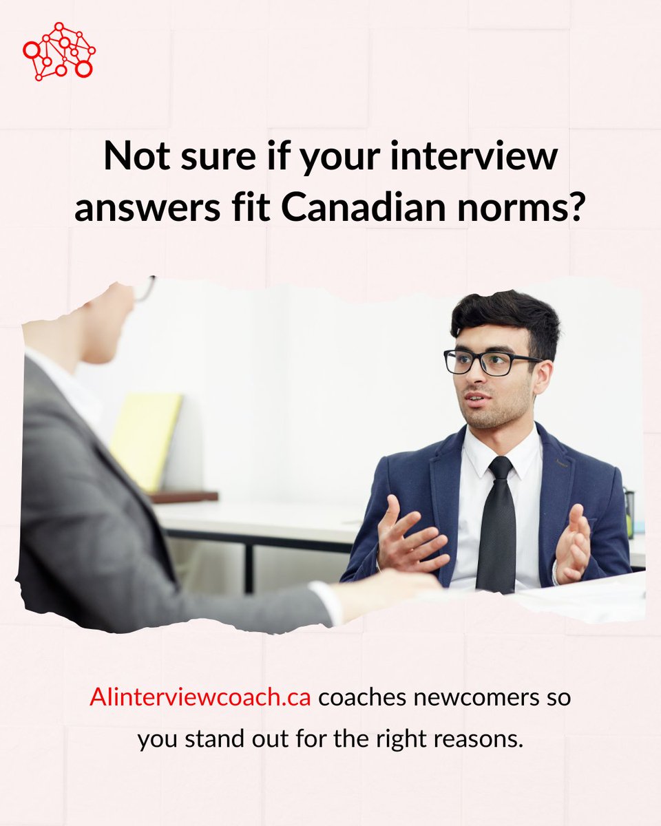 immnetsocial's tweet image. Unsure if your interview answers fit Canadian norms?
AIInterviewCoach.ca coaches newcomers so you stand out for the right reasons. Get noticed, get hired!

#CanadianJobs #InterviewTips #NewcomersToCanada #CareerGrowth