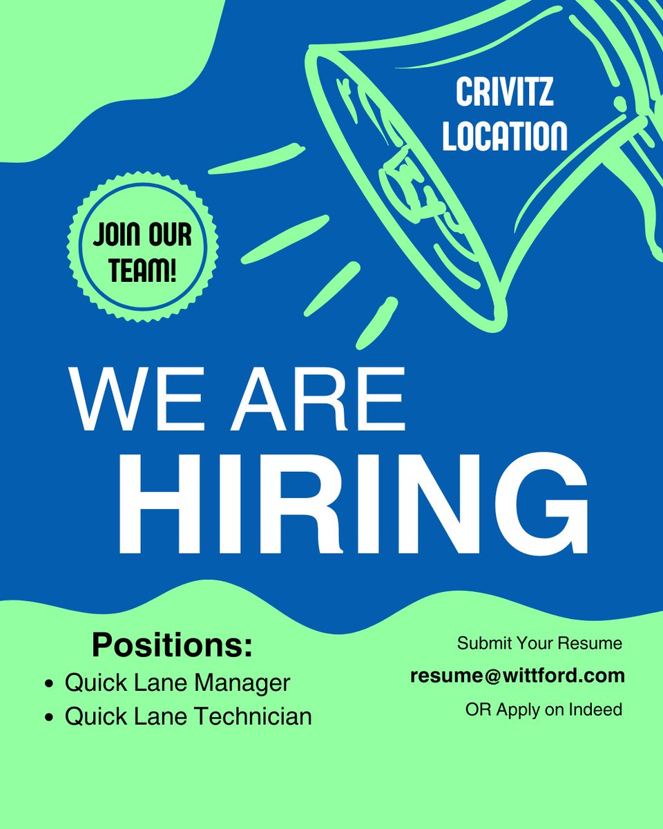 WE’RE HIRING at our Witt Auto location in Crivitz! 🚗
We’re looking to add a Quick Lane Manager and a Quick Lane Technician to our team.
Interested? Reach out to us directly or apply on Indeed — or send your resume to resume@wittford.com