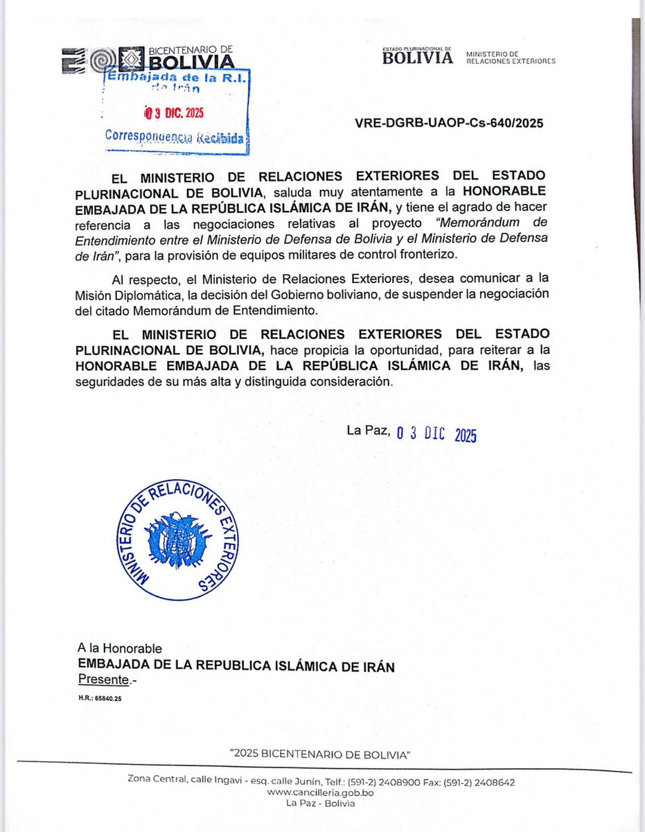 El Canciller de Bolivia informa a la delegación de Iran que se interrumpe el MOU entre los
Ministerios de defensa para provisión de equipo militar para las fronteras!
Empezo el nuevo Gobierno.