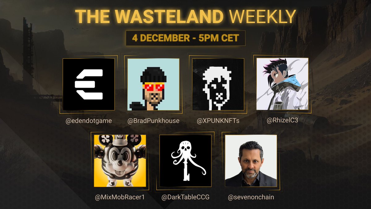 edendotgame's tweet image. You don’t want to miss the Wasteland Weekly tomorrow at 4PM UTC:

The first Alpha date will be revealed + more info on our TGE. 

Join us together with:
@MixMobRacer1
@DarkTableCCG
@sevenonchain 

🎤SET REMINDERS:
