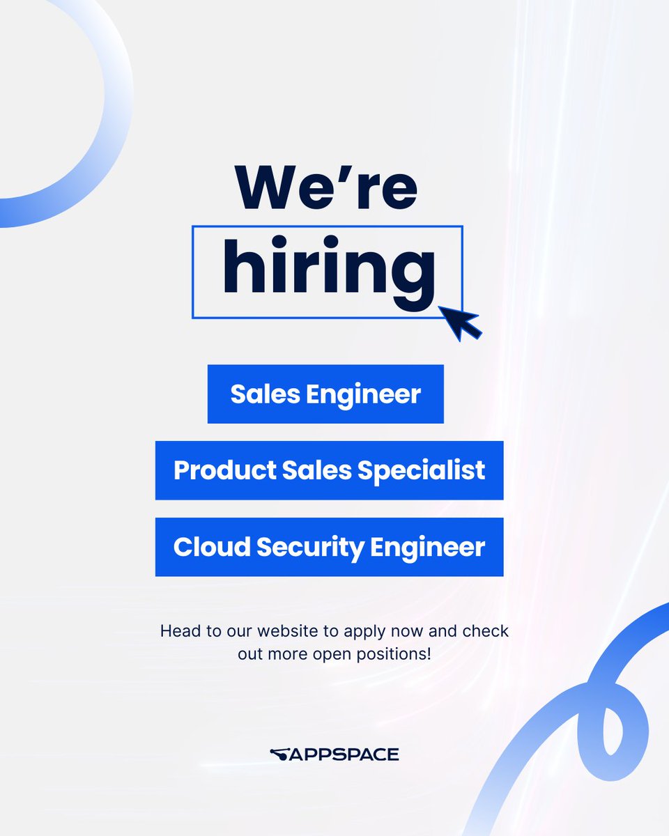 appspace's tweet image. We’re hiring! ✨ Check out our featured openings:

➡️ Sales Engineer (US Remote)
➡️ Product Sales Specialist (US Remote)
➡️ Cloud Security Engineer (US Remote)

🔗 See all opportunities and apply here: lnkd.in/gK9bzugf

 #Hiring #FutureOfWork  #TechJobs
