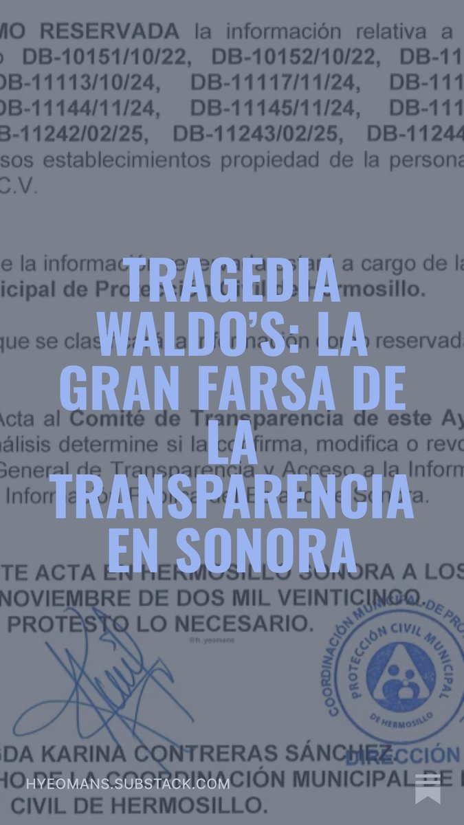 Al día siguiente de la tragedia de Waldo's hice 2 solicitudes de transparencia: una al Ayuntamiento y otra a Protección Civil Estatal.

Aquí podrán encontrar las respuestas y la evidencia de cómo nos esconden información o simplemente mienten:

hyeomans.substack.com/p/tragedia-wal…