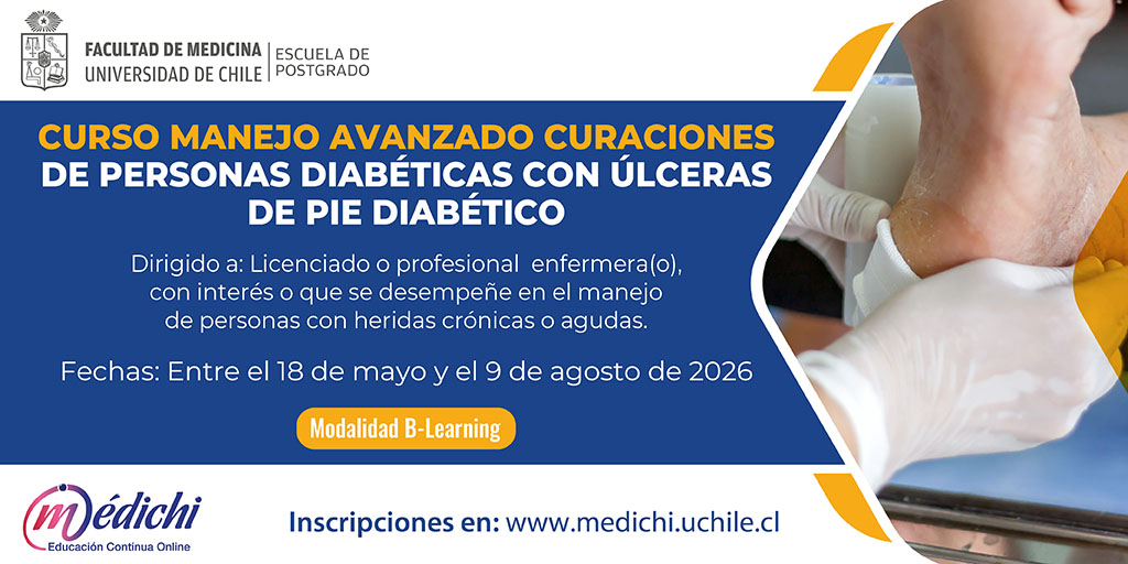 🦶 Curso Manejo Avanzado de Curaciones en Pie Diabético (B-Learning 2026)

En #medichiuchile aprenderás a identificar, evaluar y tratar úlceras de pie diabético con técnicas avanzadas basadas en evidencia.

📅 18 mayo–9 ago 2026

Inscríbete: medichi.uchile.cl/curso-manejo-a…