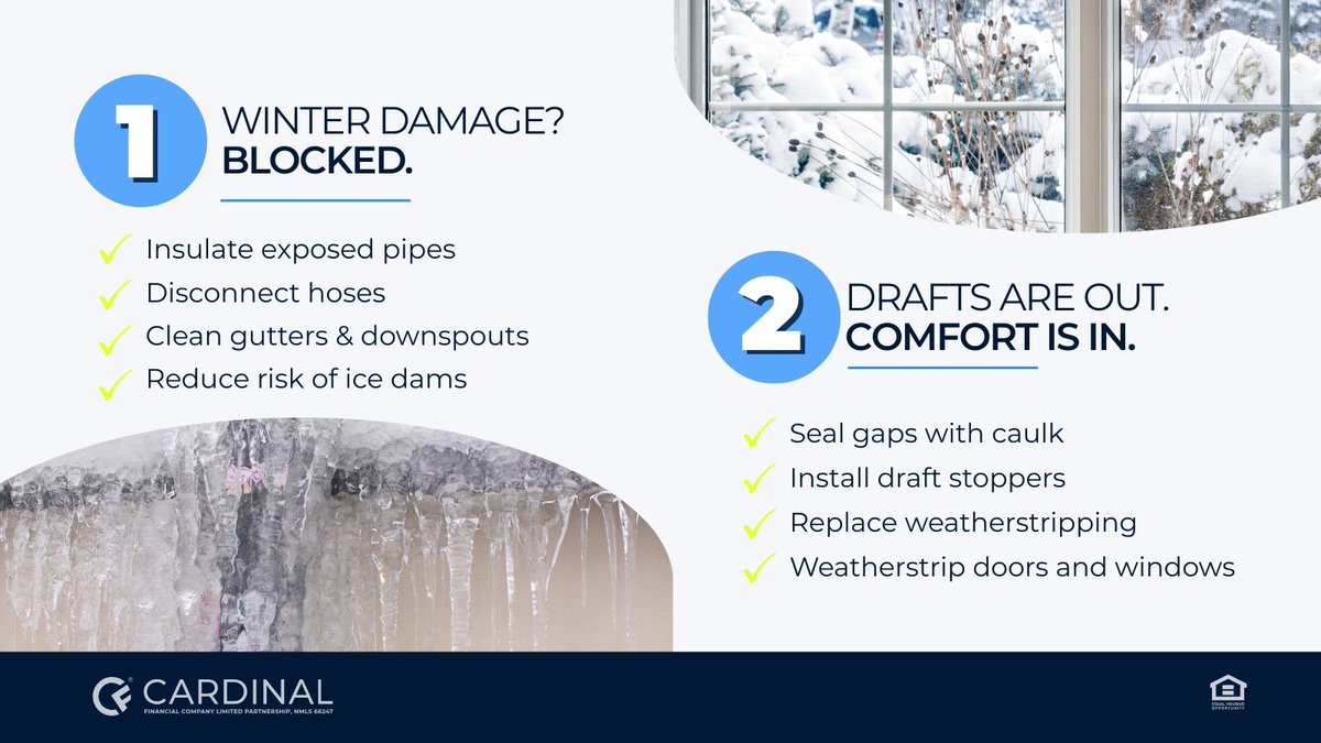 CardFinancial's tweet photo. Winter is c̶o̶m̶i̶n̶g̶ has arrived. 
Make sure your home is ready with these 5 must-dos. 🏡❄️
#cardinalfinancial #winter #homeownertips https://t.co/29mSTjHuZY