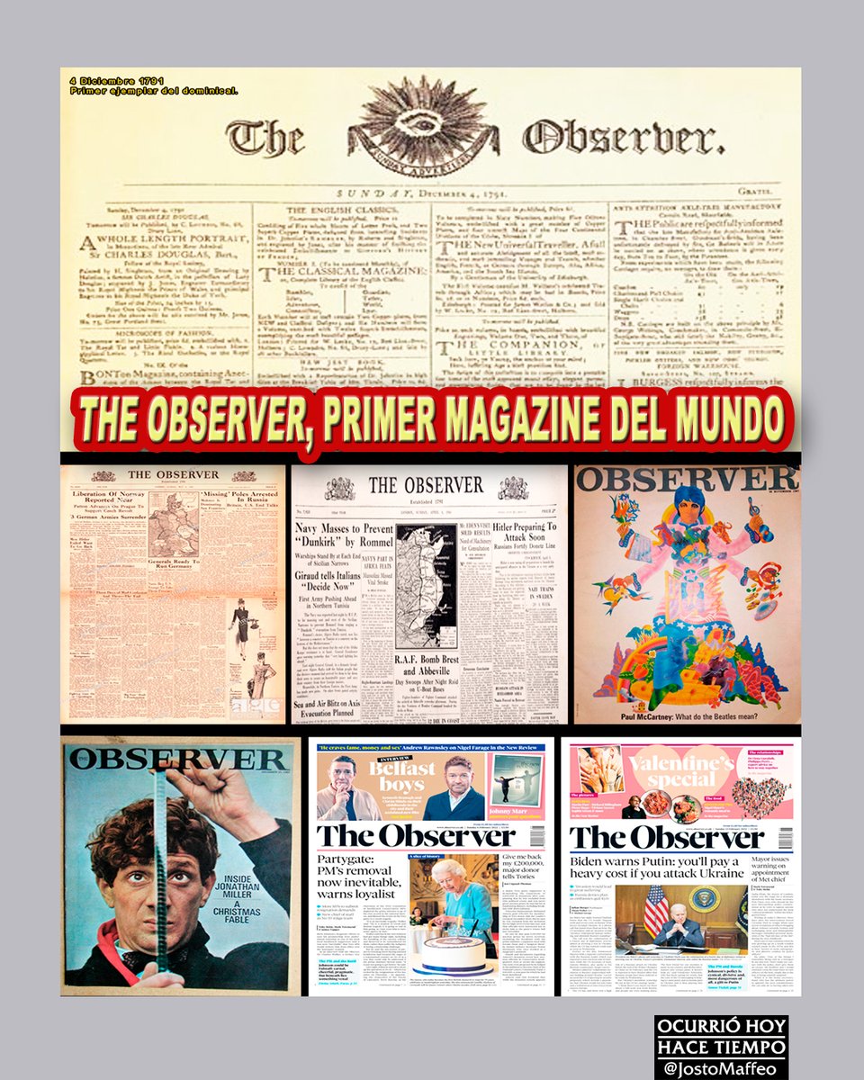 JostoMaffeo's tweet image. 📰 EL PRIMER MAGAZINE 

4 Diciembre 1791. 
W. S. #Bourne publica #TheObserver, primer dominical del mundo. 
 Pero pierde dinero y lo ofrece al gobierno, que prefiere subsidiar a cambio de influenciar. 
 Desde entonces, el hoy #magazine de referencia ha pasado por muchas manos.