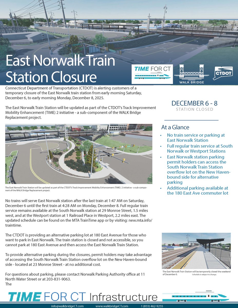 WalkBridgeCT's tweet image. *REMINDER* Plan Ahead: East Norwalk Train Station closed in both directions THIS WEEKEND, 12/6 - early Monday morning, 12/8. TIME-2 - East Norwalk Train Station | WALK Bridge