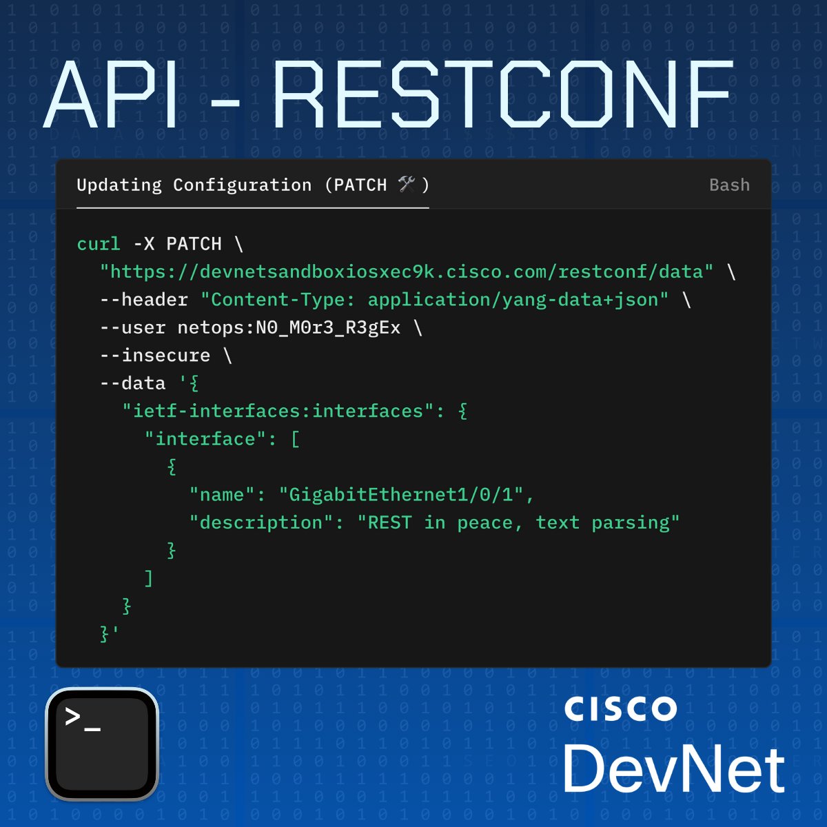 CiscoDevNet's tweet image. Skip the parsing nightmares 💀

Query Cisco devices with curl + RESTCONF = structured JSON every time.

No more parsing text output that breaks with every IOS update.

#CiscoDevNet #DevTip #RESTCONF