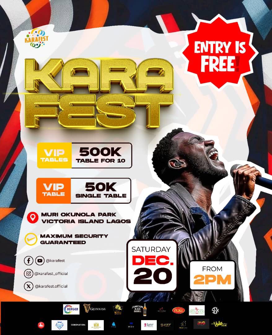 🔥 Finally!! <a href="/KaraFest/">Kara Fest 🎤</a> 3.0 is HERE!!
Dec 20 at Muri Okunola‼️
Free entry, good vibes, sweet karaoke, DJs &amp; lots of games.

You don’t wanna miss this one fr.

Get VIP tickets here 👉 karafest.com