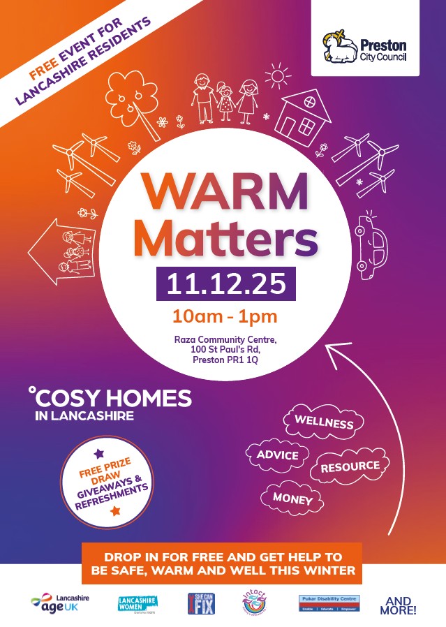 Proud to be working with <a href="/CosyHomesLancs/">Cosy Homes in Lancashire</a>  to bring this winter support event to Preston for all our residents.

Everyone is welcome to drop in for help with staying warm, managing costs or wellbeing this winter.

🗓️ Thursday 11 December
🕰️ 10am – 1pm
📌 Raza Community Centre, St
