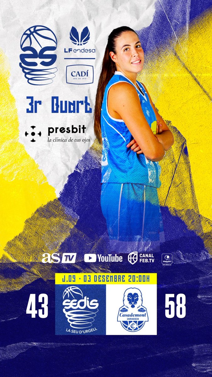 🦋 #LFEndesa J9 l 3Q

⬜️🟦 <a href="/sedisbasquet/">AE Sedis Bàsquet</a> 43
🟥⬛️ <a href="/casademontBZ/">Casademont Zaragoza</a> 58

📍Palau d’Esports

📺 canalfeb.tv l youtube <a href="/BaloncestoESP/">Baloncesto España</a> | <a href="/RadioSeu/">RàdioSeu</a> l <a href="/AS_TV/">AStv</a>  

 Som-hi!!! 💙🤍

#sentelsedis🏔️🏀