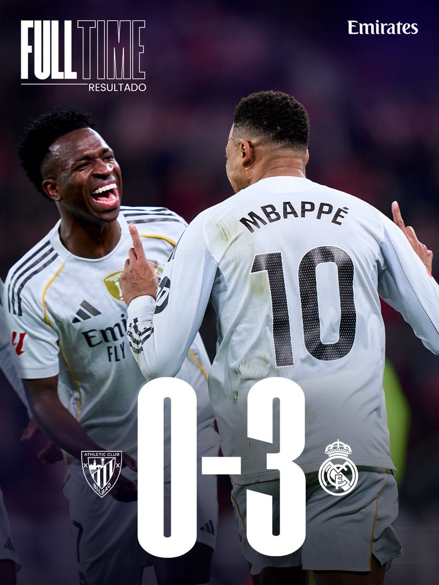 🇪🇸 El Madrid goleó al Athletic en Bilbao 

⚽️⚽️⚽️ Doblete de Mbappé y un gol más de Camavinga sellaron la goleada.

#Athletic 0-3 #RealMadrid
#LaLiga #Jornada19