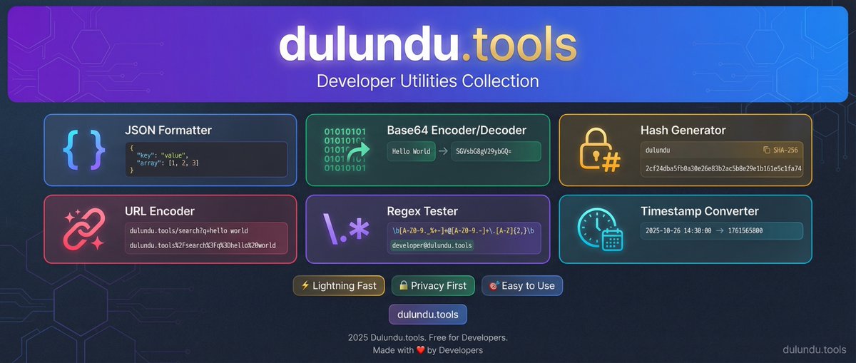 dulundu.tools

#DevTools #DeveloperTools #WebDev #WebDevelopment
