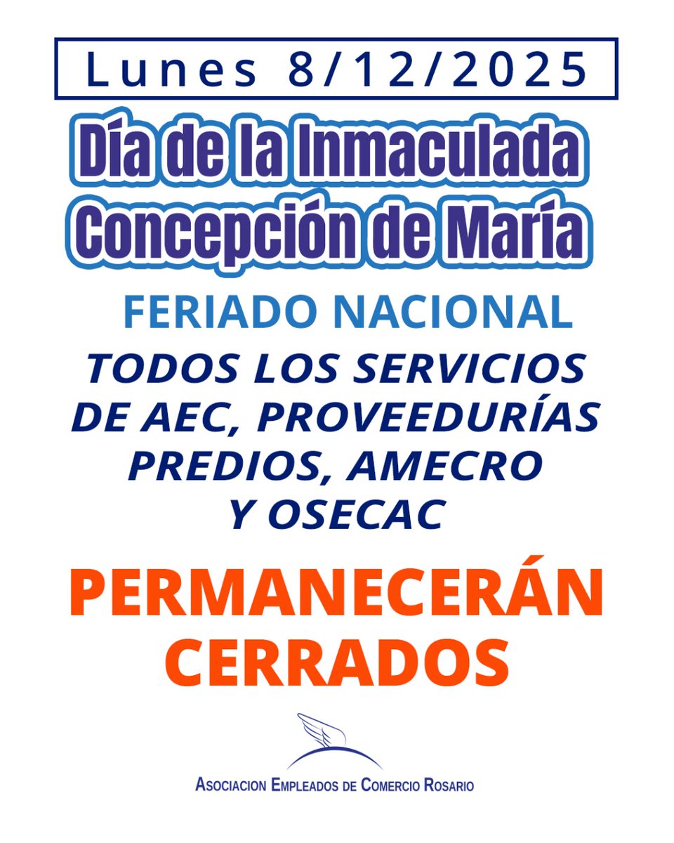Lunes 8 de diciembre: CERRADO
Feriados Nacionales que se rigen por el la Ley de Establecimiento de Feriados y Fines de semanas largos Nº 27.399 Publicada en el Boletín Oficial del 18/10/2017.