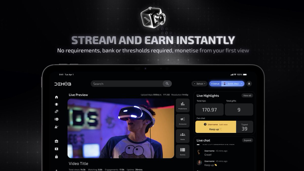 Permissionless monetization is a cornerstone of internet utopia 💫

DeHub gets you there with tools like paid DMs, unlockable content, subscriber passes, gated group chats, ad revenue sharing, and more!

No longer do you have to jump through hoops just to start earning.
