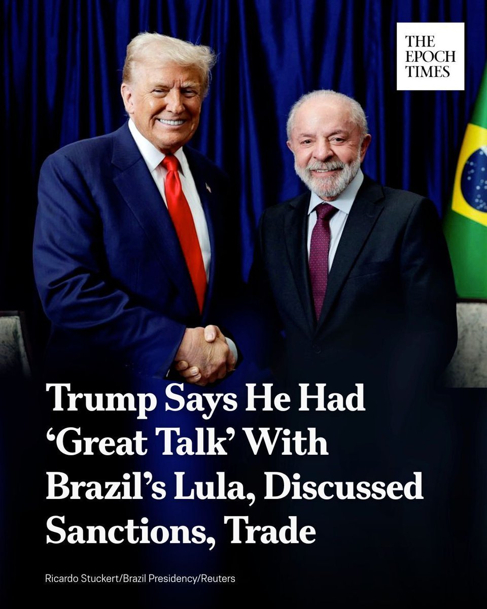 🤝 𝐓𝐫𝐮𝐦𝐩 𝐒𝐚𝐲𝐬 𝐇𝐞 𝐇𝐚𝐝 ‘𝐆𝐫𝐞𝐚𝐭 𝐓𝐚𝐥𝐤’ 𝐖𝐢𝐭𝐡 𝐁𝐫𝐚𝐳𝐢𝐥’𝐬 𝐋𝐮𝐥𝐚

I look forward to seeing and speaking with him soon. Much good will come out of this newly formed partnership!” President Trump wrote. 

Read more:
theepochtim.es/89ry0z