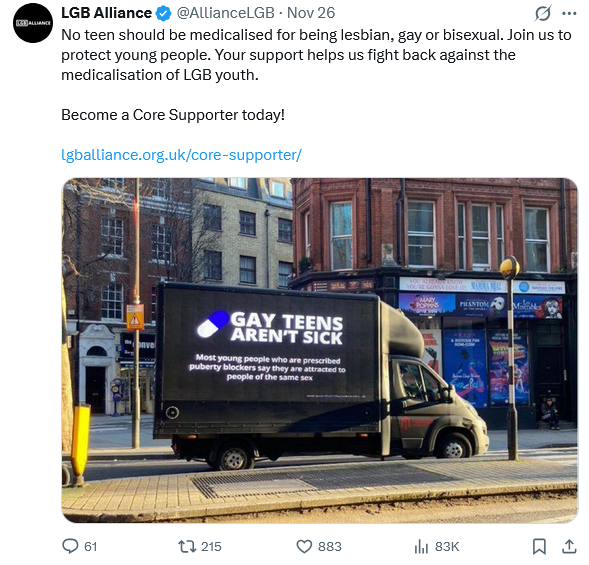 James_Fitz01's tweet photo. Reminder: @AllianceLGB  is an anti-trans, anti-queer, anti-DEI hate group peddling the lie that all trans people are deluded, disordered or dangerous - and uses fear to try to gain supporters.
It doesn't speak for me as a gay man or any of my LGB friends #LGBAlliance #transhate https://t.co/HIk0YbdWf7