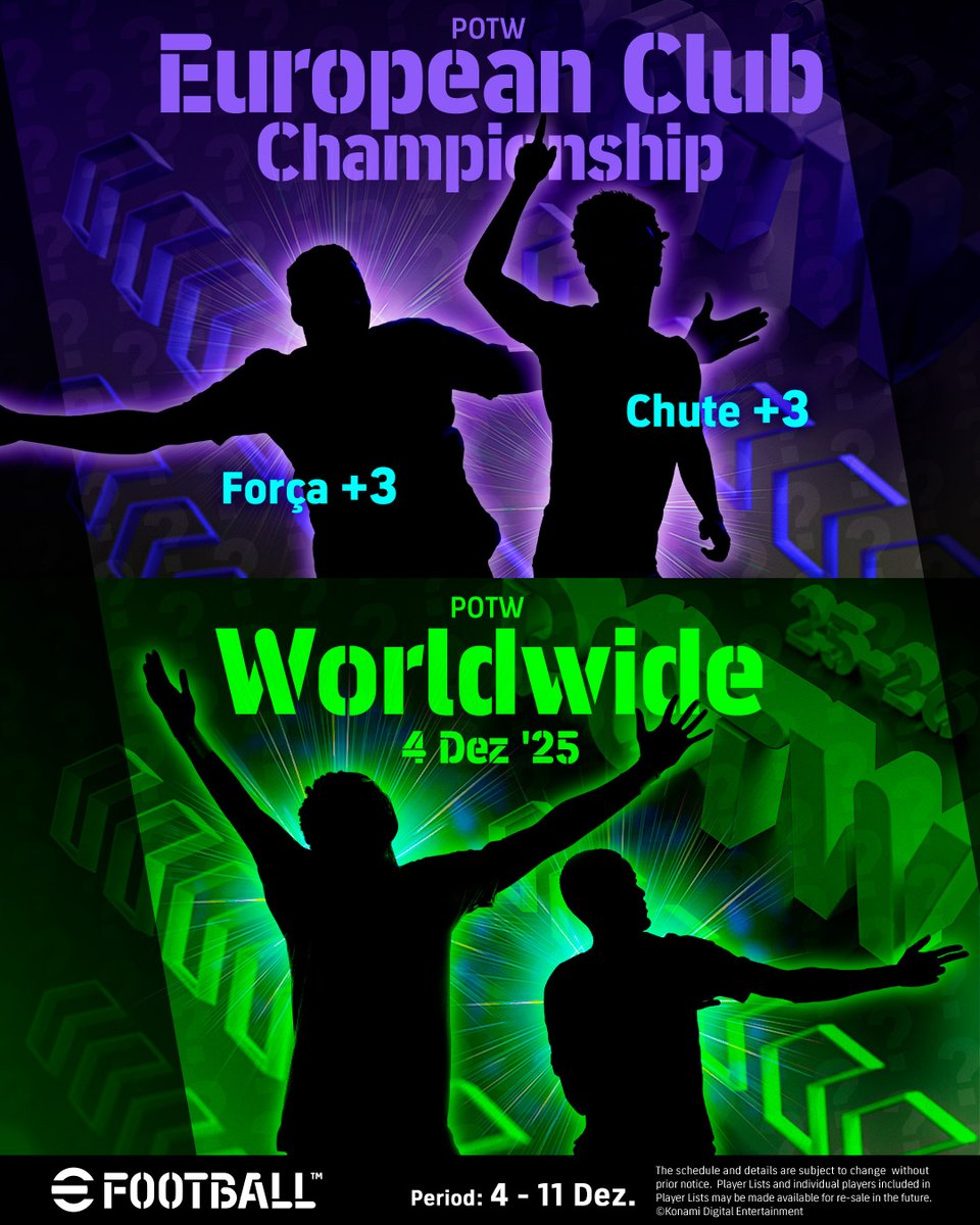 Você sabe que horas são. 🤩

Onze jogadores de destaque das ligas nacionais e da Europa estão prontos para brilhar como os Jogadores em Destaque desta semana!

Confira os detalhes dos jogadores amanhã em: Jogador em POTW “European Club Championship” e Worldwide 4 Dez '25”. 👀