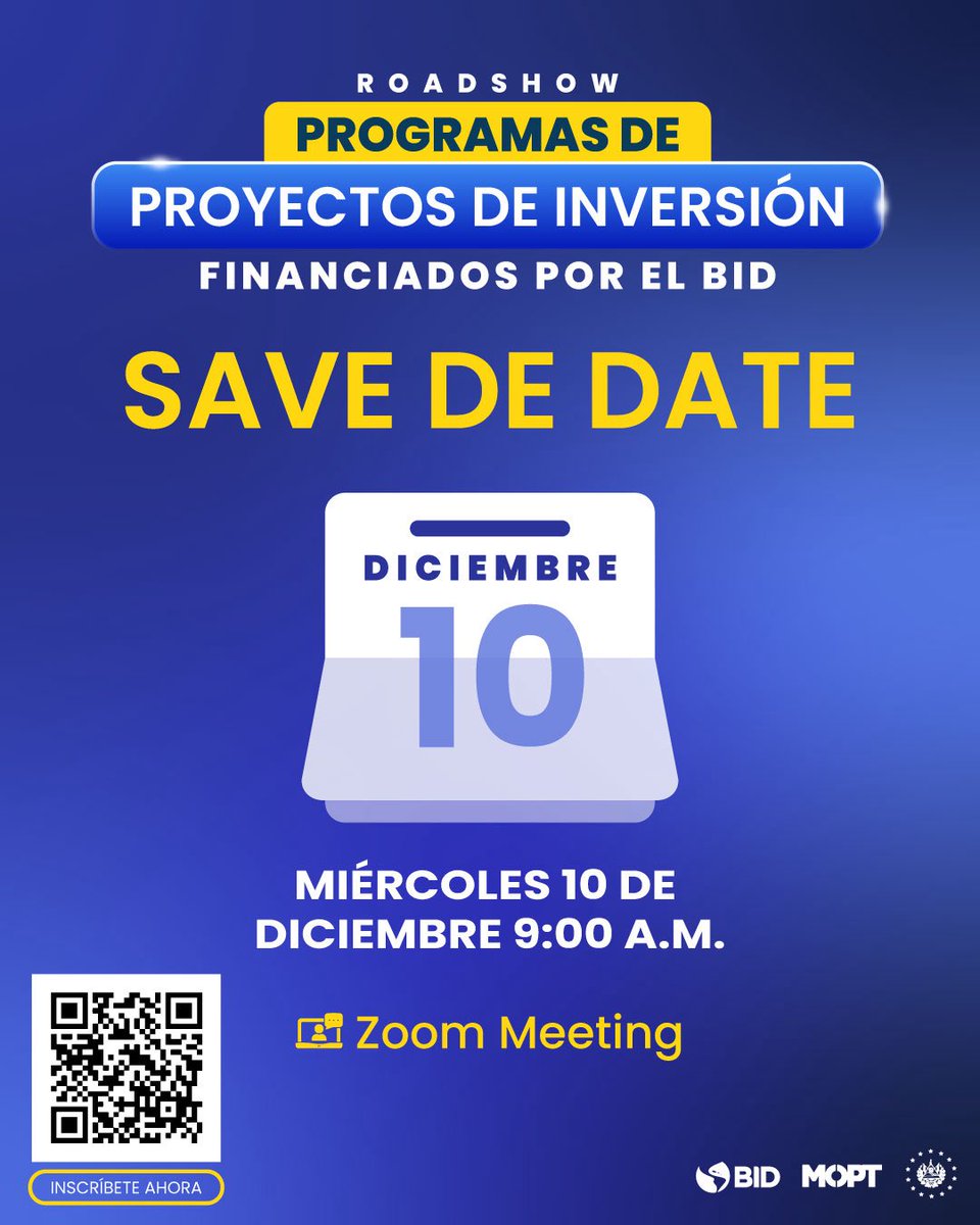 Participa en el Roadshow de Programas de Proyectos de Inversión financiados por el BID.

Te invitamos a ser parte de este espacio donde presentaremos oportunidades de financiamiento, procesos y lineamientos para instituciones y proveedores interesados en proyectos impulsados con