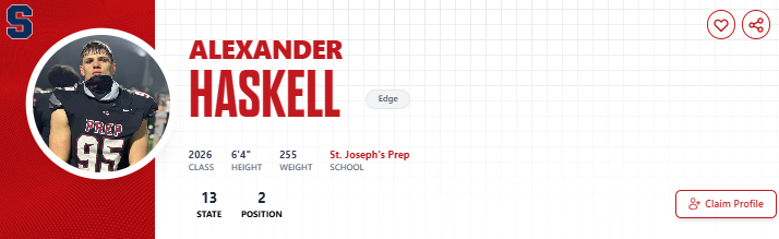 PRZVicCastillo's tweet image. St. Joseph's Prep's @Alexhaskell99 has officially signed with #Syracuse Football. #nsd2026 

2026 PA Recruit #13 OVR - #2 EDGE

Was a pleasure watching him for 3-4 years at Prep!! @LoudHouseFS @CuseFootball @CuseSportsTalk_ @DOsports @TheJuiceOnline