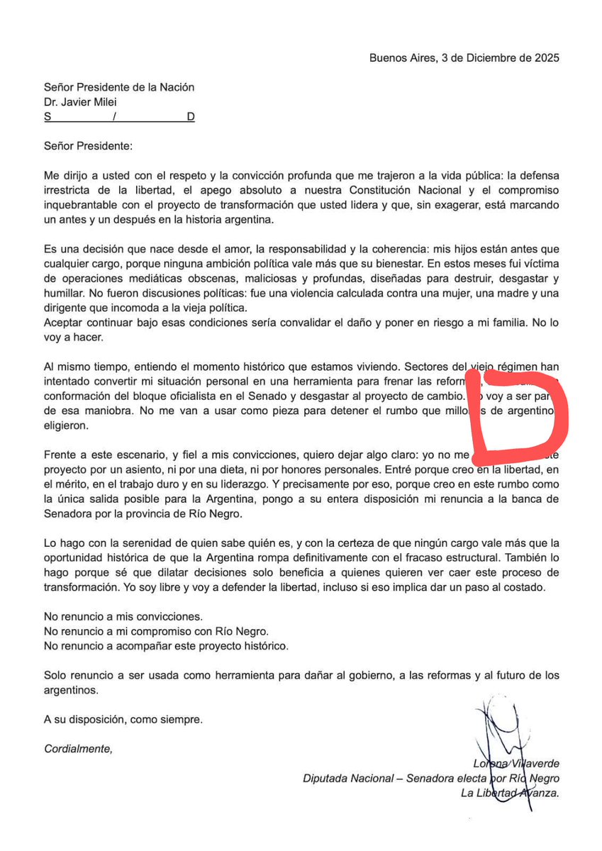 Carta de renuncia a la banca de #senadora de #Villaverde ... "desde el amor"