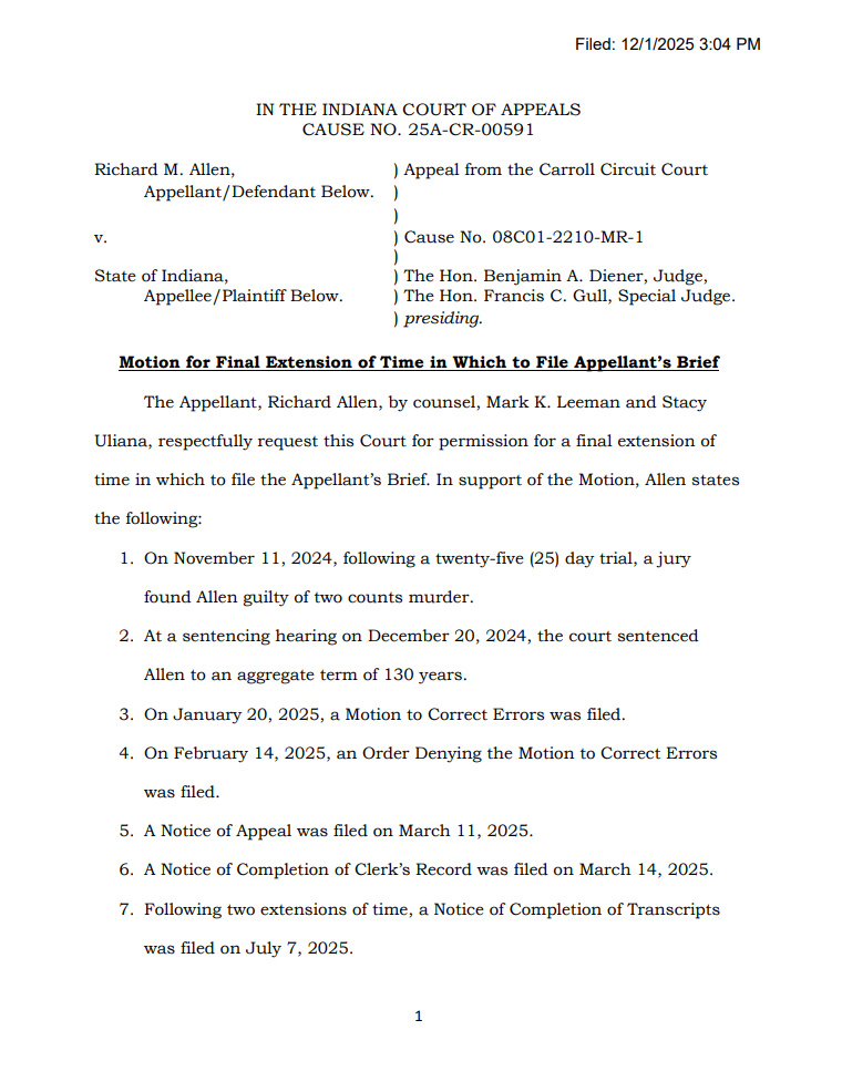 MattBlacInc's tweet image. IN THE #INDIANA COURT OF APPEALS   
#RichardAllen | #Delphi 

Appeal from the Carroll Circuit Court  v.  Cause No. 08C01-2210-MR-1     

Motion for Final Extension of Time in Which to File Appellant’s Brief

pages 4