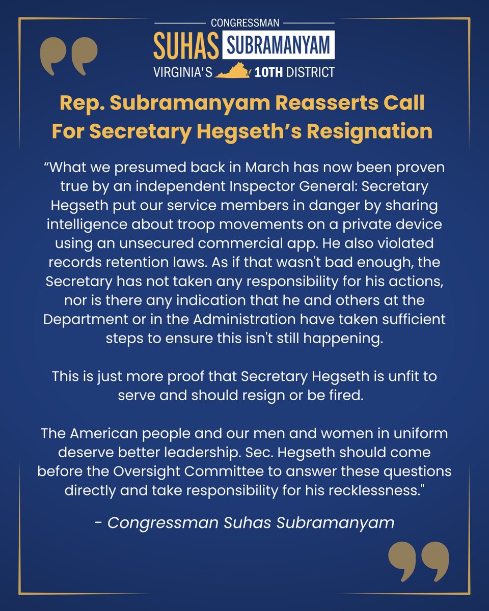 RepSuhas's tweet image. . @SecWar should resign.
