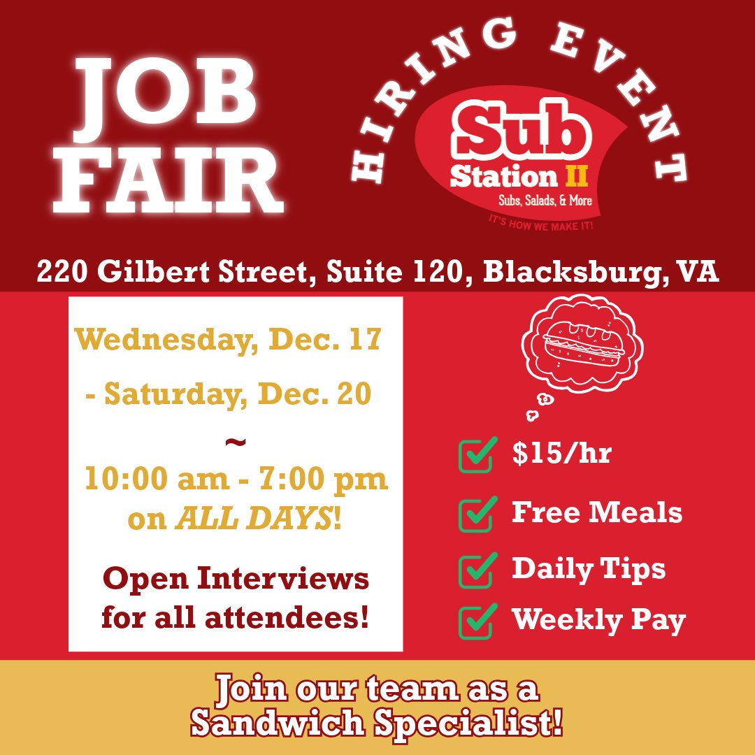 Hey Hokies! The countdown is on! We’re returning soon and we’re hiring! #substationii #HowBoutThemHoagies #EnterSandwich
