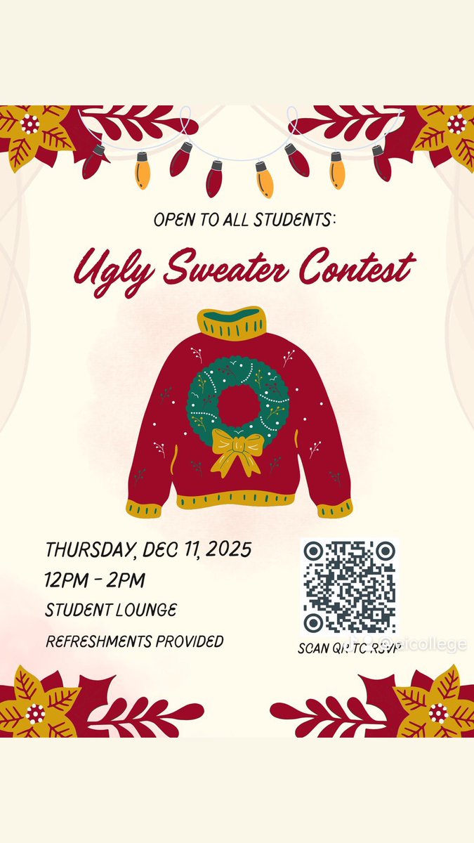 EIC Students! Please join us in the Student Lounge for our first-ever Ugly Sweater Contest, on Thursday, Dec 11, 2025.

RSVP NOW:
forms.gle/j27ua3R8gF4aEy…