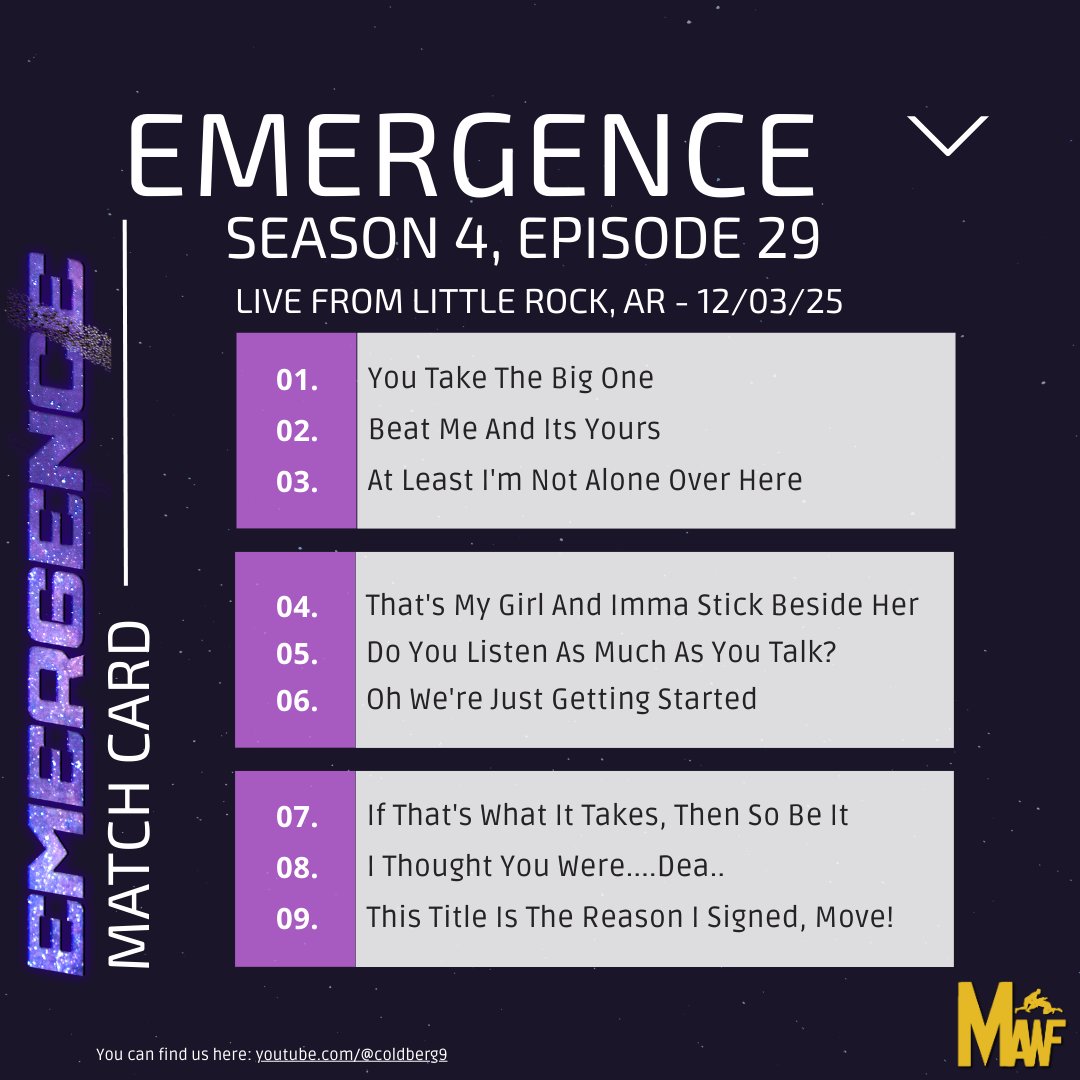 Hi hi👋🏾You already know what time it is - Post-PLE Petty time! #MAWFEmergence S4:E29 Fallout show is coming to you from Little Rock, AR. Your match card is below.

I hope you're ready. And be there 1hr early for the shake up!! 👉🏾twitch.tv/coldberg9. #Wrestling #WWE2K25 #MAWF