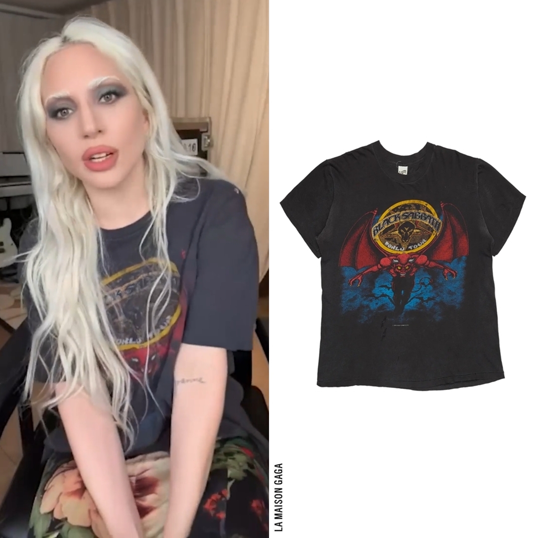 For her Spotify Wrapped message, Lady Gaga wears the @AliceandOlivia Fall/Winter 2025 "Augusta" maxi dress in "Magic Garden" print, along with her favorite vintage <a href="/BlackSabbath/">BlackSabbath</a> 1981 "Mob Rules" world tour tee.