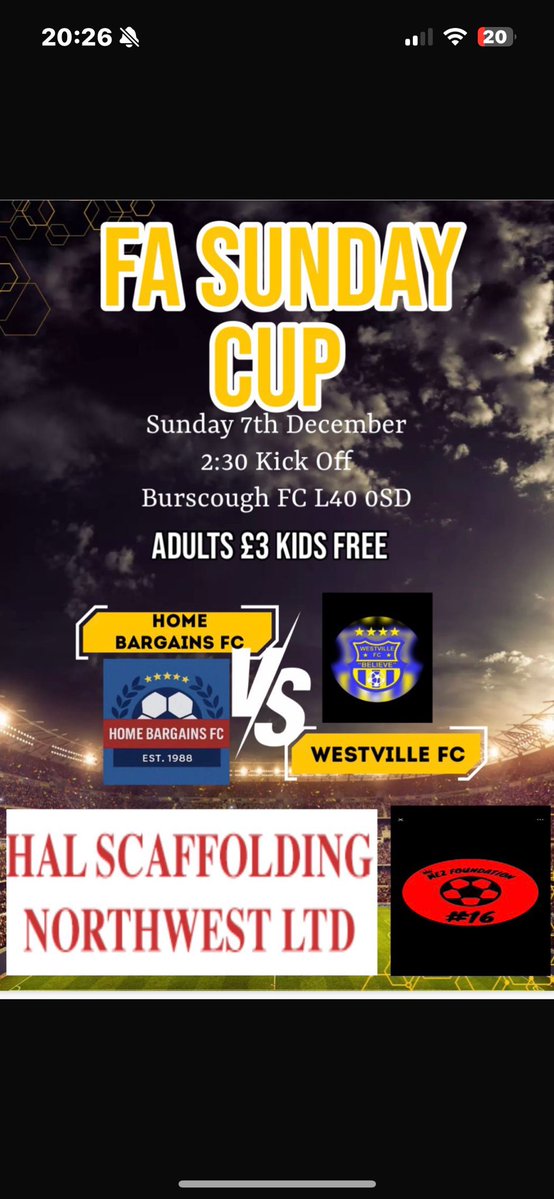 Sunday we welcome <a href="/westvillefc/">Westville FC</a> in the 3rd round of the <a href="/FASunday_Cup/">FA Sunday Cup</a> as we look to make it in to the last 16,
Get up to <a href="/BurscoughFC1946/">Burscough FC</a> once your game finishes and support the lads #utfb  <a href="/BusinessHouses2/">Merseyrail Business Houses League</a> <a href="/LBHPremier/">LBH Premier</a> <a href="/Liverpool_CFA/">Liverpool FA</a> <a href="/nwcfl/">The NWCFL ⚽️</a> <a href="/EnglandFootball/">England Football</a>