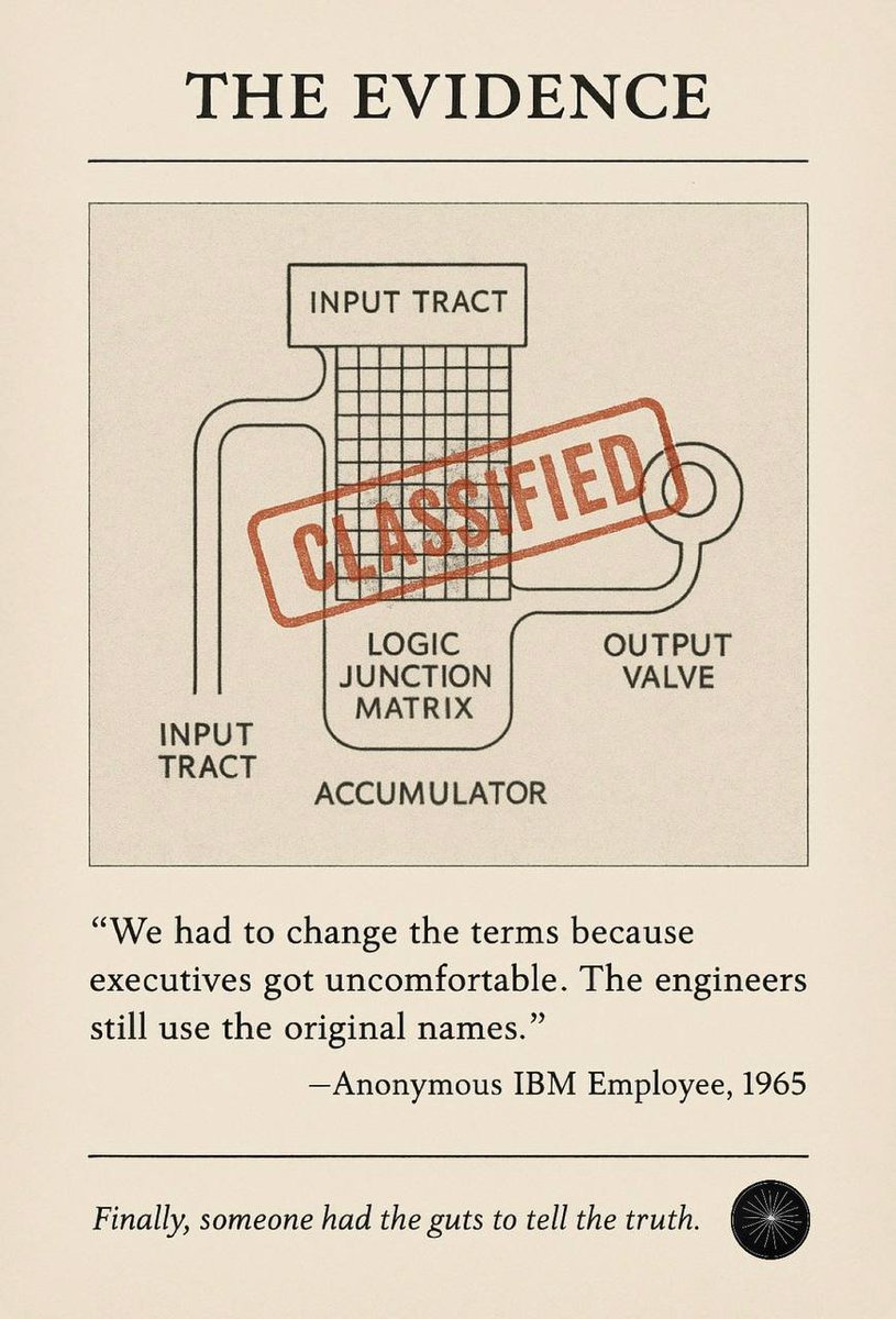 whois100xx's tweet photo. Just discovered why ALL computing terminology references digestive functions. The evidence is undeniable.

Generated with ChatGPT's new image capabilitieunprecedented text clarity reveals what IBM has been hiding since 1962.

$anus Honestly is revolutionary. https://t.co/pYMCWVFX6m