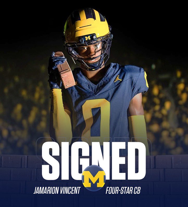 uofmcoverage's tweet image. OFFICIAL: 4⭐️ CB Jamarion Vincent has signed with Michigan! 

- 6’3 170 pounds 
- Waco, TX 
- Additional offers from Texas, Baylor, Nebraska and 10+ others #GoBlue