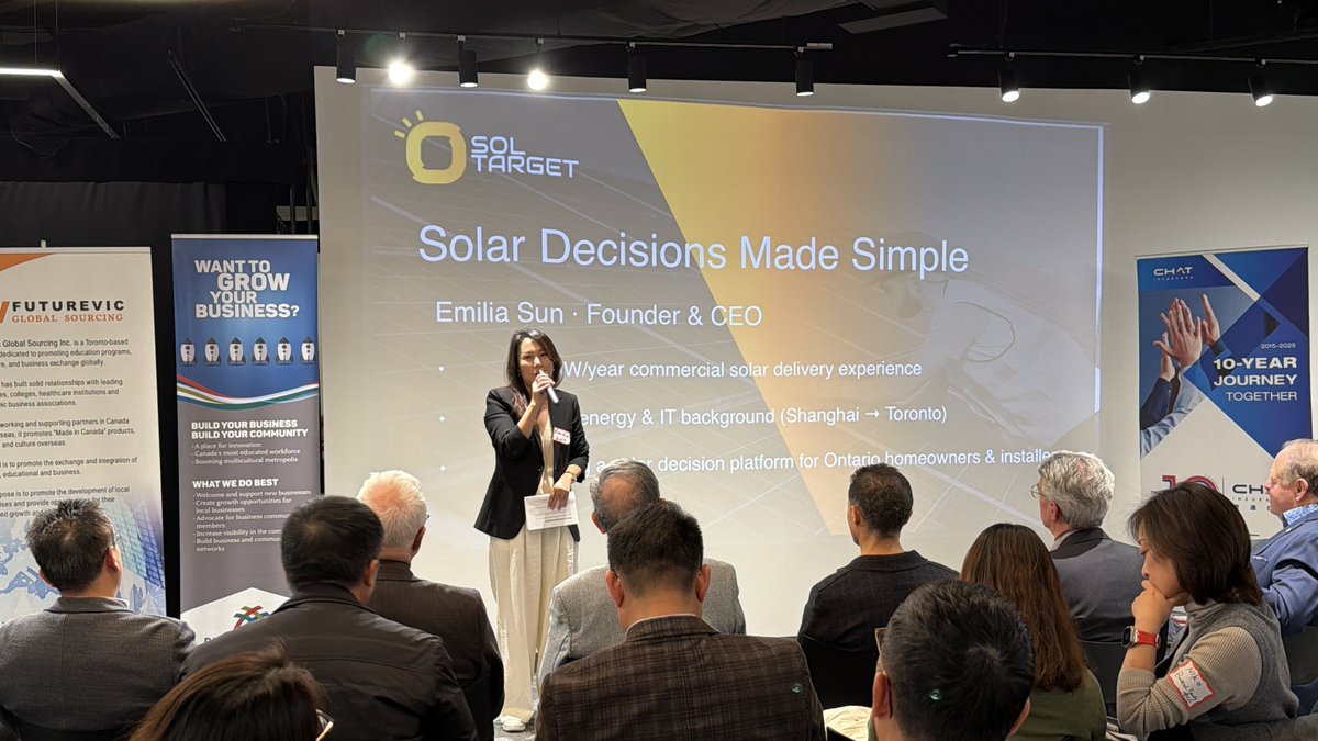 sol_target's tweet photo. 🌞 Honoured to share @SolTargetInc at #InvestInOntario 2025!
Our CEO Emilia Sun presented “Solar Decisions Made Simple,” showing how tech can simplify clean energy choices &amp; drive sustainable living across Ontario.
One solar decision at a time. ☀️
#CleanTech #SustainableEnergy https://t.co/B4mNEtXnl9