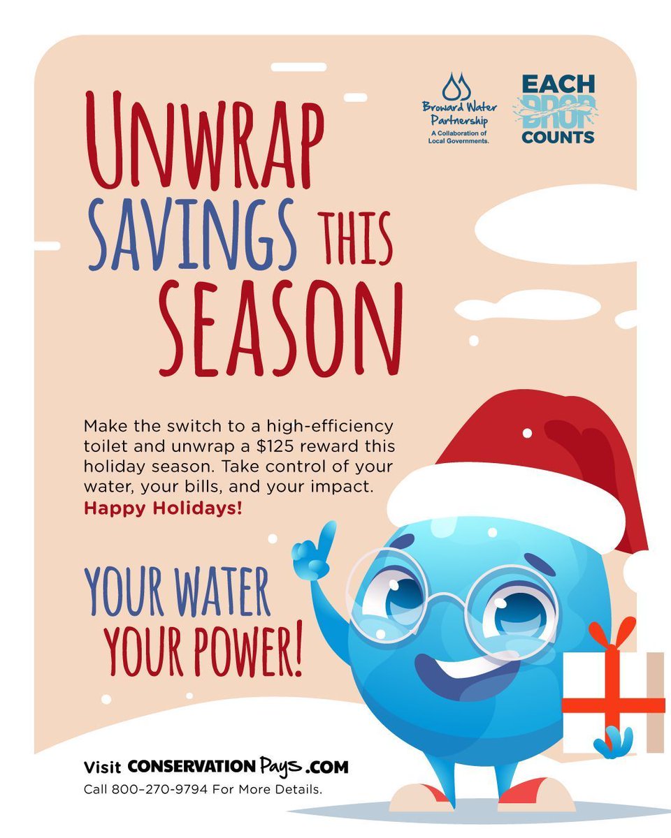 BrowardSavesH2O's tweet photo. 🎁The best gifts don’t go under the tree, they go in your bathroom!

Swap out your old toilet for a WaterSense® high-efficiency model and get up to $125 back if eligible.

Less water. Lower bills. More power in your hands.
Unwrap your savings at https://t.co/1paKGvmLIr https://t.co/ztX5RLBDfq