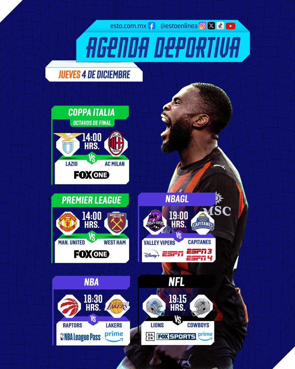 estoenlinea's tweet photo. Jueves de Premier League y Copa Italia 🥰🔥
Hoy en #AgendaESTO 🗓️
#CopaItalia🏆
#NBA 🔥
#NBAGL 🏀
#NFL 🏈
#ESTO https://t.co/nRLD0KiHGg