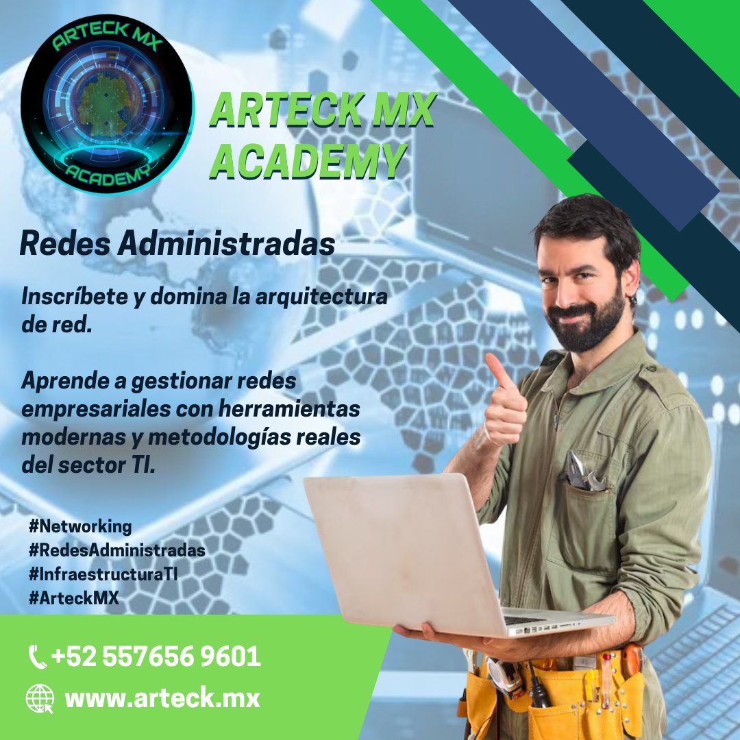 arteck_mx's tweet photo. Domina la gestión de redes empresariales con herramientas modernas y metodologías aplicadas en el sector TI.

Aprende a optimizar infraestructuras, fortalecer la seguridad y mejorar el rendimiento operativo con prácticas reales utilizadas por profesionales. https://t.co/wlZppoC6jT