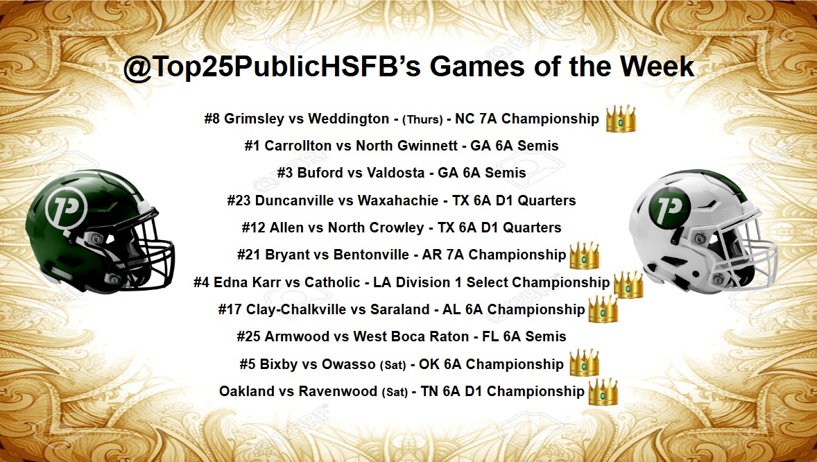 Top25PublicHSFB's tweet image. Your OFFICIAL @Top25PublicHSFB Games of the Week feature state titles, national powers &amp;amp; heavy playoff pressure 👑👇

@MISTER_F00TBALL @END2008 #HSFootball #FridayNightLights #HSFB 
@UtahHSFBall @MichHSFootball @FlaHSFootball @CenFLAPrep @missouri_sports @MarylandHigh