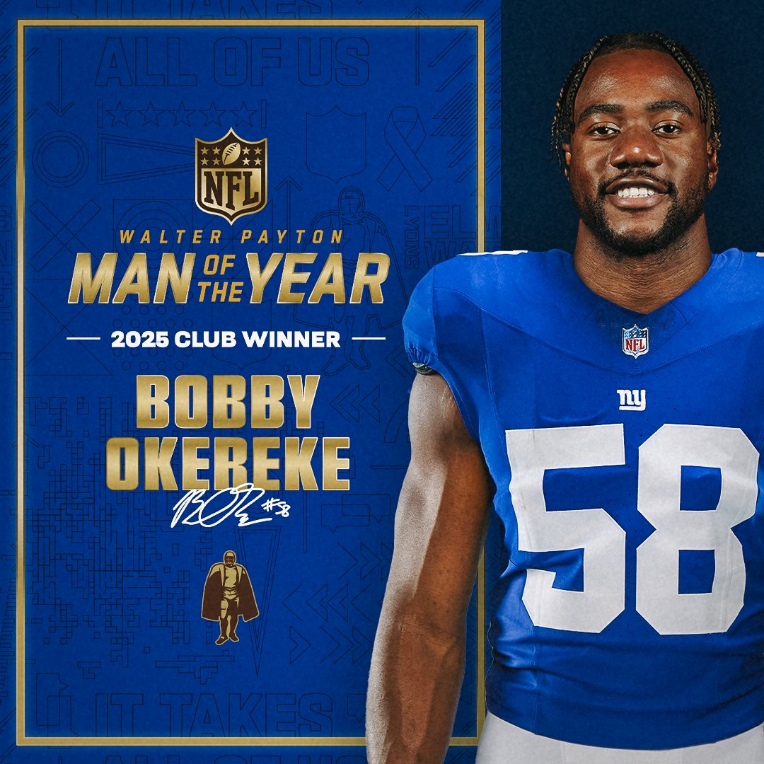 We are proud to announce Bobby Okereke is our Walter Payton Man of the Year 2025 Club Winner!

#WPMOYChallenge + Bobby Okereke
#ProBowlVote + Bobby Okereke

Details: giants.com/wpmoy