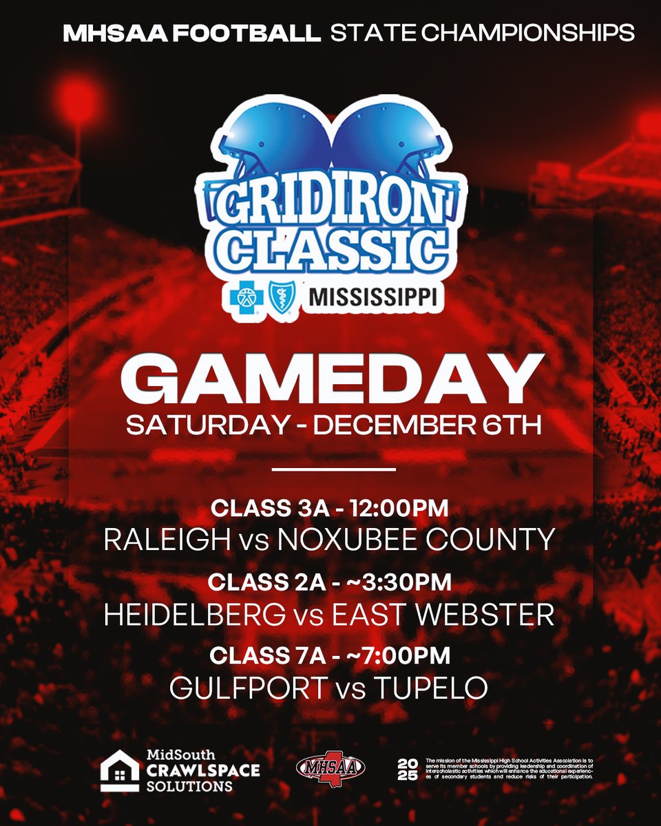 Day 3 of the 2025 Blue Cross &amp; Blue Shield of Mississippi Gridiron Classic.

Here is the day's schedule with game times!
📍Davis Wade Stadium | Starkville, MS.
🎟️Tickets: tinyurl.com/4yxeemt7
🎥Live Stream: tinyurl.com/2d87n9x4
📕Program: tinyurl.com/4fv2wp4e
📻 ESPN