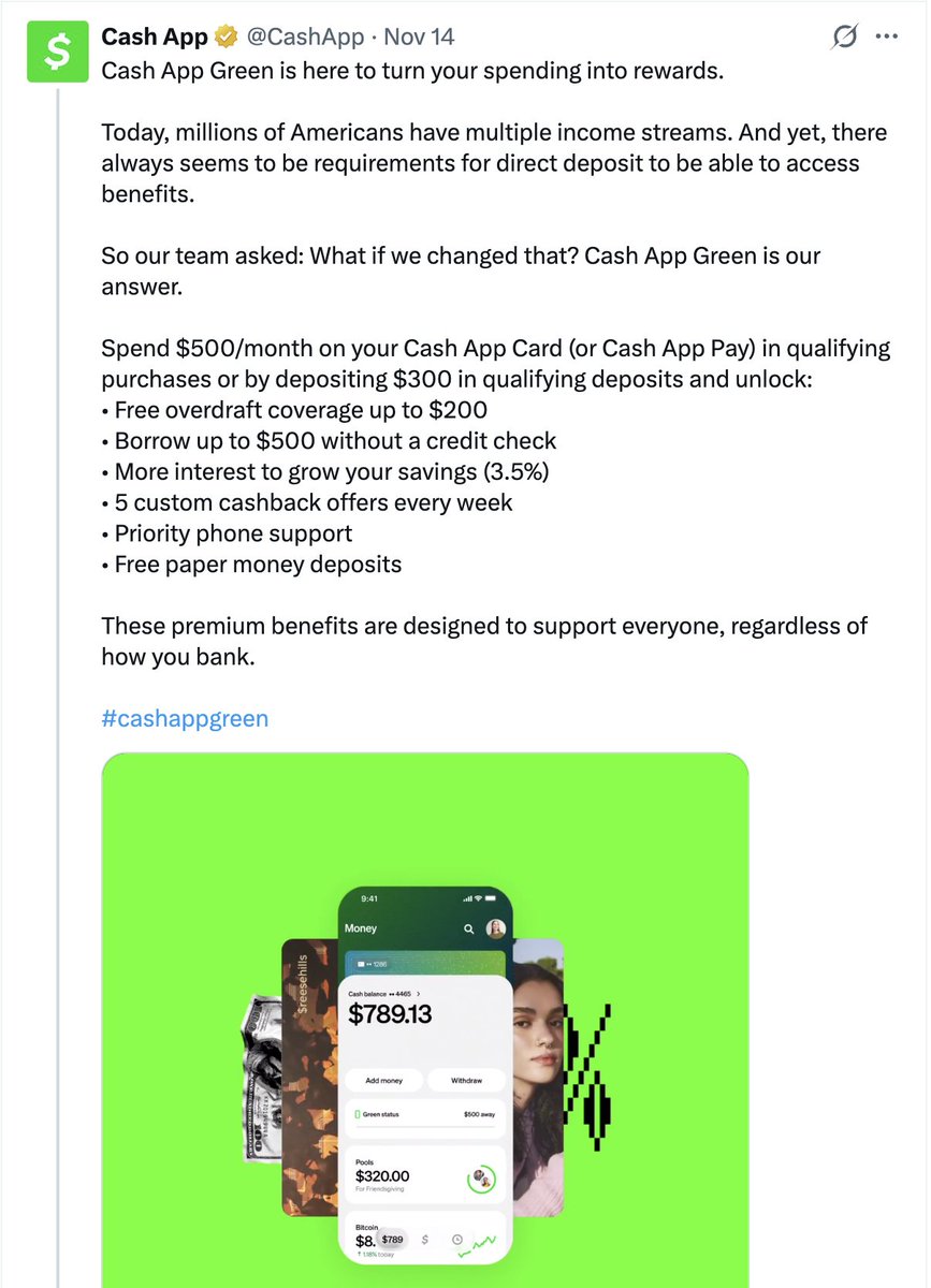 heeyimsasha's tweet photo. Other brands that get it:
🟩 Cash App Green – Turning everyday spending into status https://t.co/2ontliM4Bp